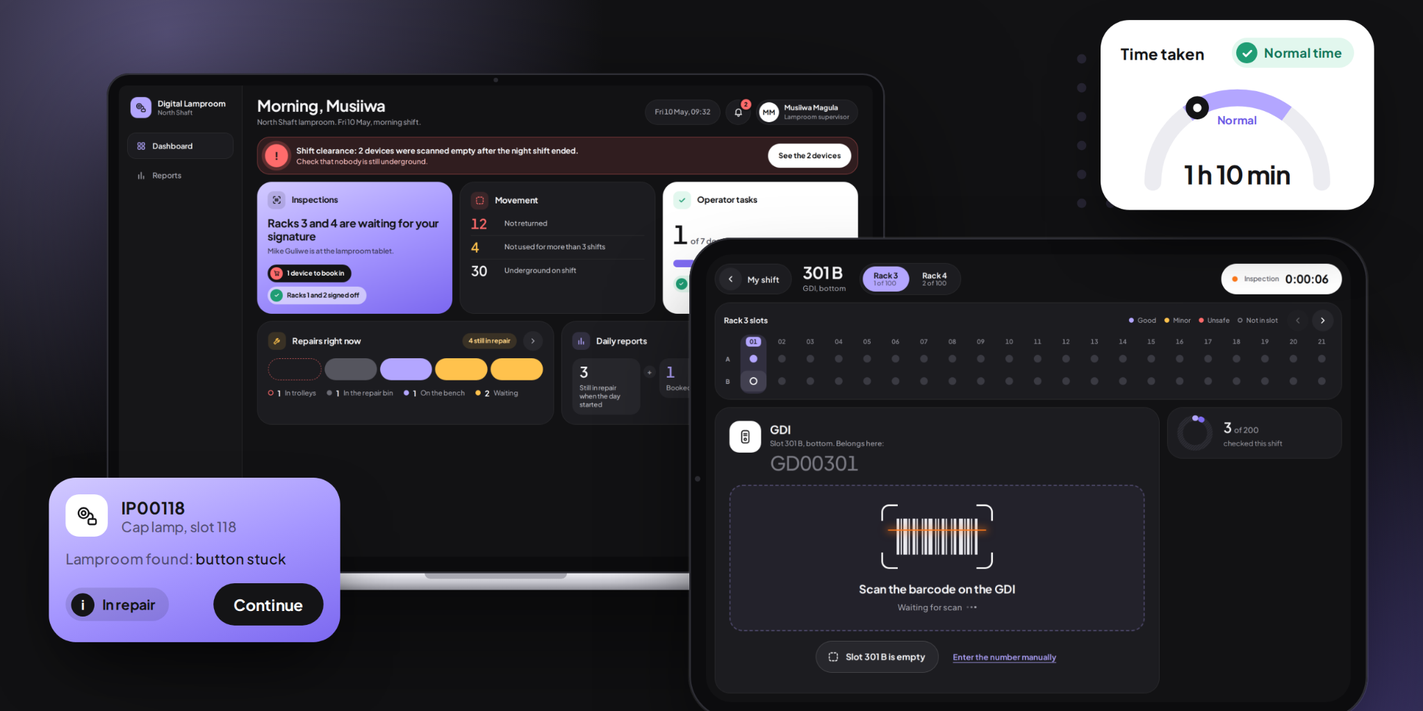 Digitising the lamproom interface overview with a supervisor dashboard, barcode-scanning inspection screen, inspection timing and repair status.