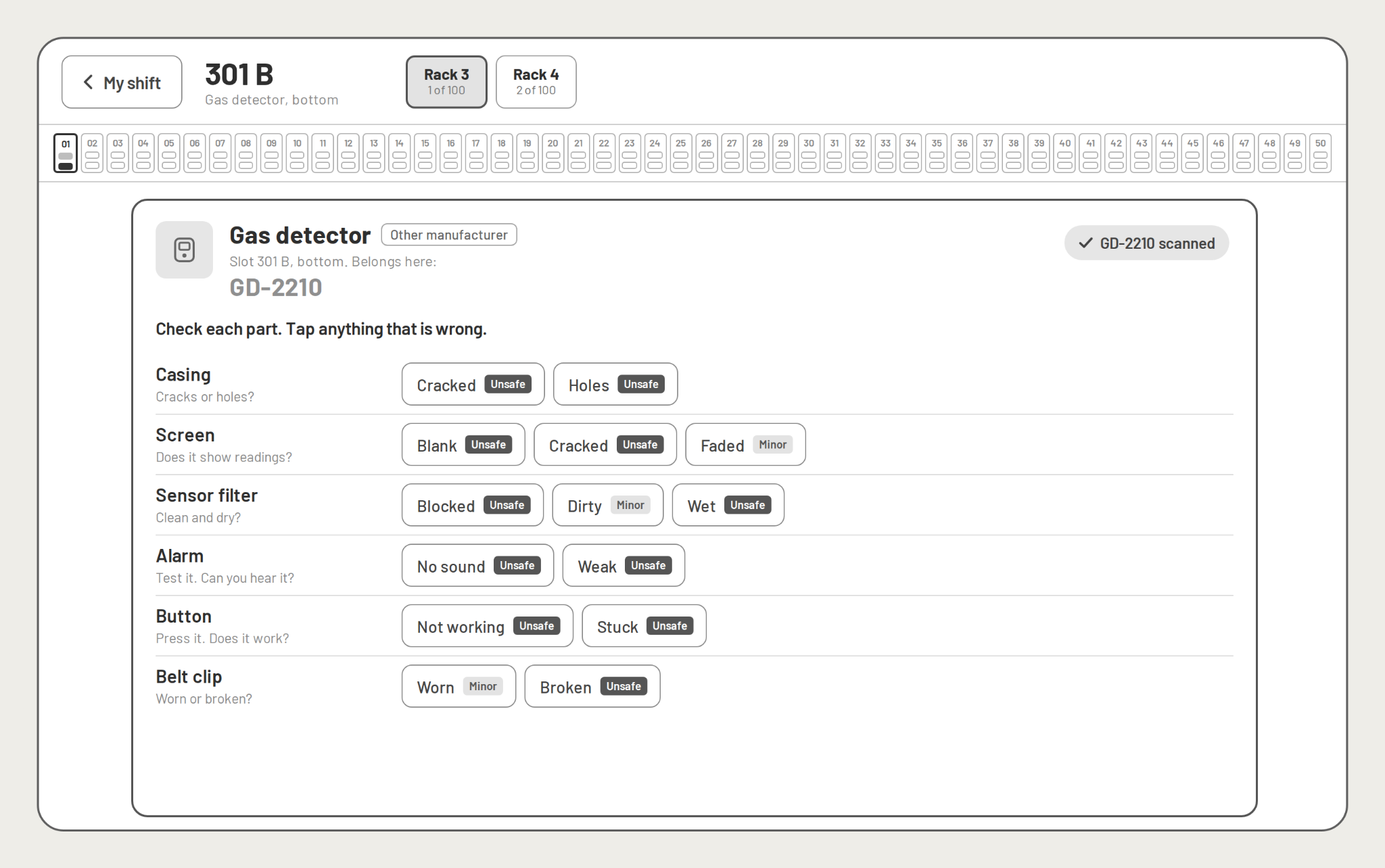 Option B: gas detector inspection checklist with inspection criteria and the corresponding fault choices visible beside each item.