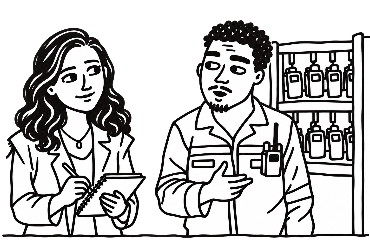 Paper-cutout sketch of Irone interviewing a lamproom operator beside the equipment racks
