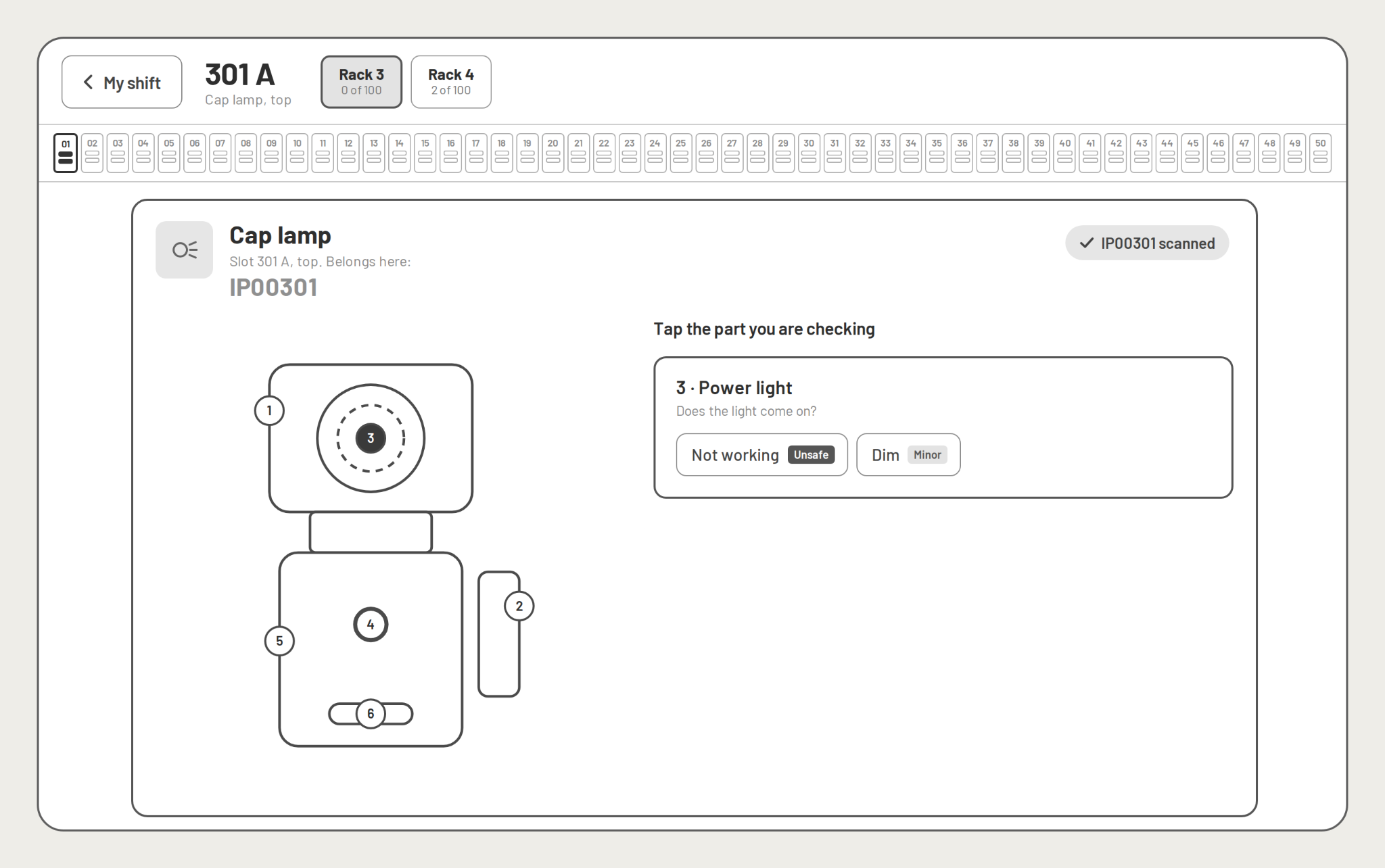 Option A visual mapping: tapping a numbered component reveals its inspection question and fault choices.
