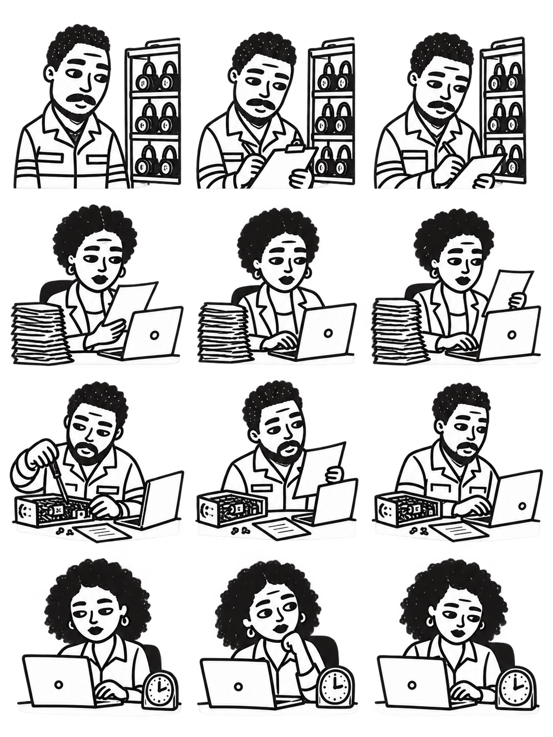 Animated graphite cutout of a lamproom operator looking at devices on the rack, then writing the inspection on paper. Devices stay on their shelves.