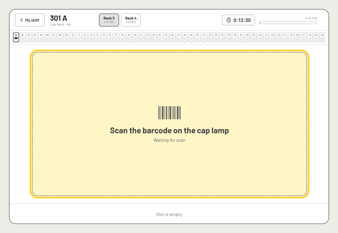Revised inspection screen showing a barcode scan prompt, inspection timer and progress.