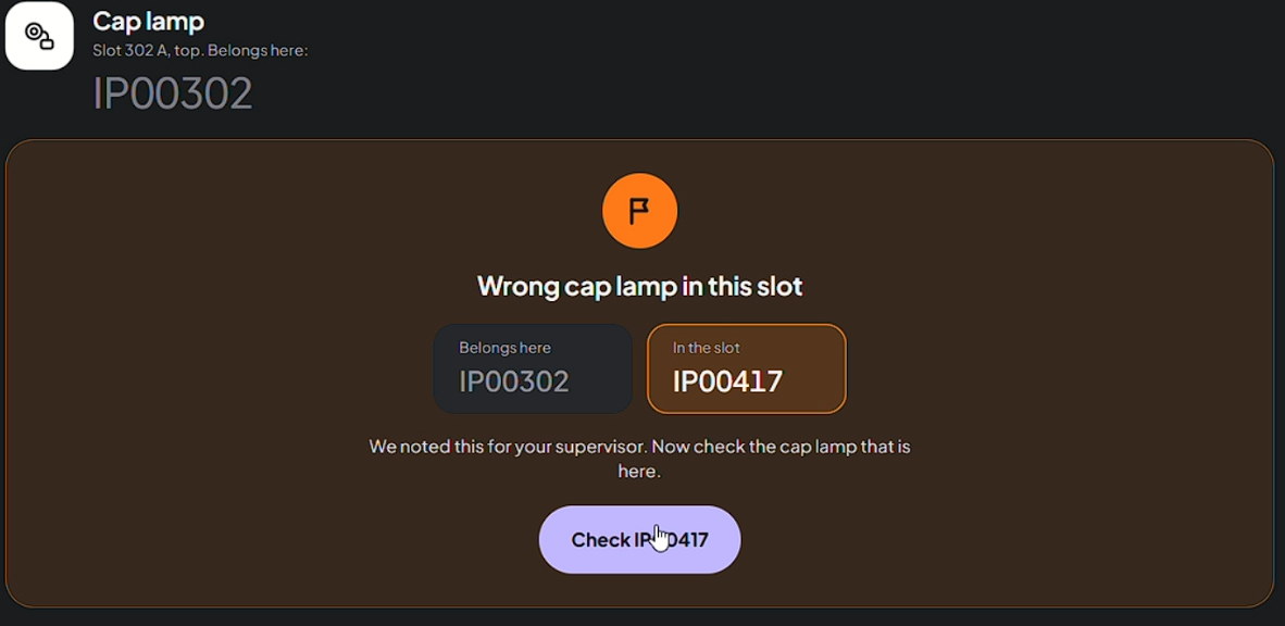 A cap lamp in the wrong slot, with its expected and scanned serial numbers.