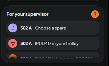 Supervisor notes showing a spare replacement and a device in the trolley.