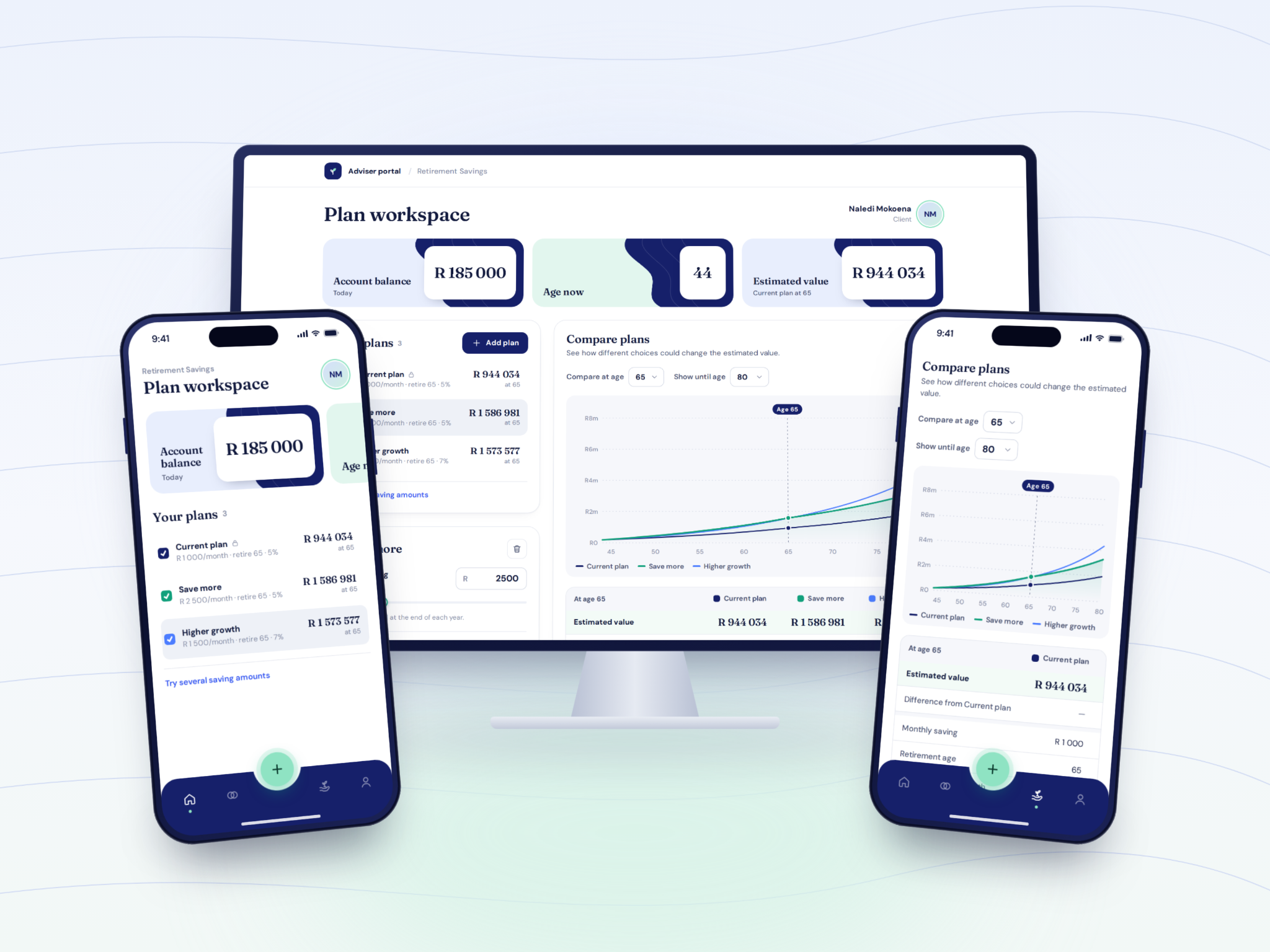 Adviser plan workspace with current and alternative plans, projected outcomes and comparison charts.